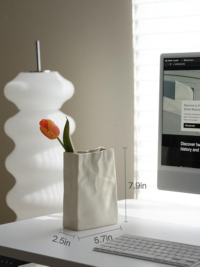 WENSHUO Crinkle Paper Bag Shape Ceramic Vase, Large Capacity for Flower Arrangement, Bookshelf Decorative (Matte Crème)
