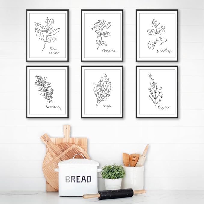 Kitchen Herbs B&W Art Prints | Set of 6 | 8x10 (Unframed)