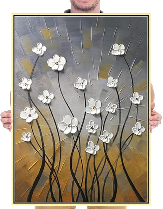 Wieco Art Framed Wall Art Morning Dancing Floral Oil Paintings Canvas Wall Art Modern Grace Abstract Flowers Artwork for Living Room Bedroom Home Decorations Wall Decor with Golden Frame