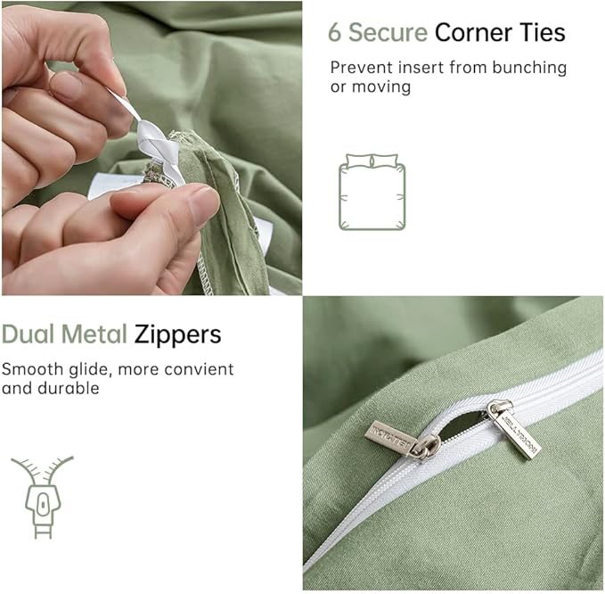 JELLYMONI Light Green Duvet Cover King Size - 100% Washed Cotton Linen Like Textured Comforter Cover, 3 Pieces Breathable Soft Bedding Set with Zipper Closure (Light Green, King 104"x90")