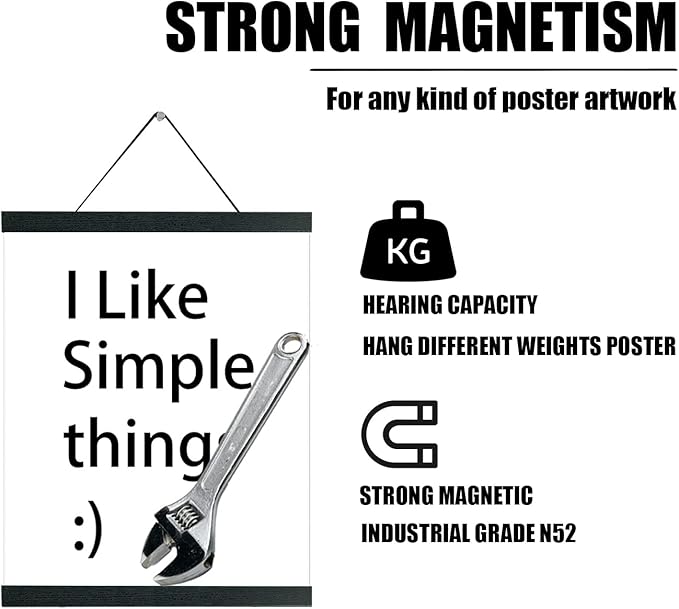 3 Pack Magnetic Poster Hanger 10 Inch Black, 10x12 10x16 10x14 Poster Frame Wood Wooden Magnet Print Posters Dowel Scroll Hanger Hangers Hanging Kit for Walls Map Canvas Artwork