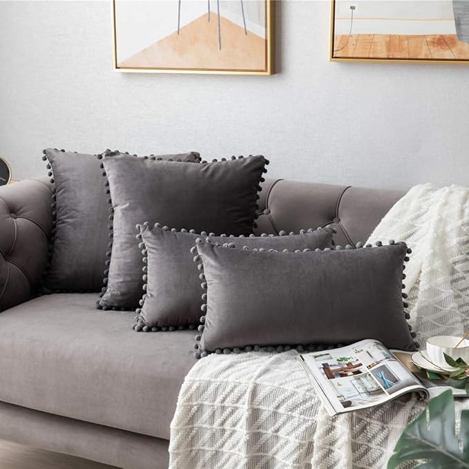 DEZENE Throw Pillow Covers 12x20 Dark-Grey: 2 Pack Cozy Soft Pom-poms Velvet Rectangular Decorative Pillow Cases for Farmhouse Home Decor