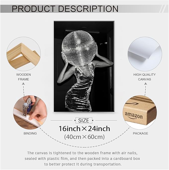 Vintage Funky Y2k Hot Girl Poster Black and White Disco Ball Canvas Wall Art 16x24 inch Framed Trendy Preppy Bar Cart Decor for Living Room Dorm