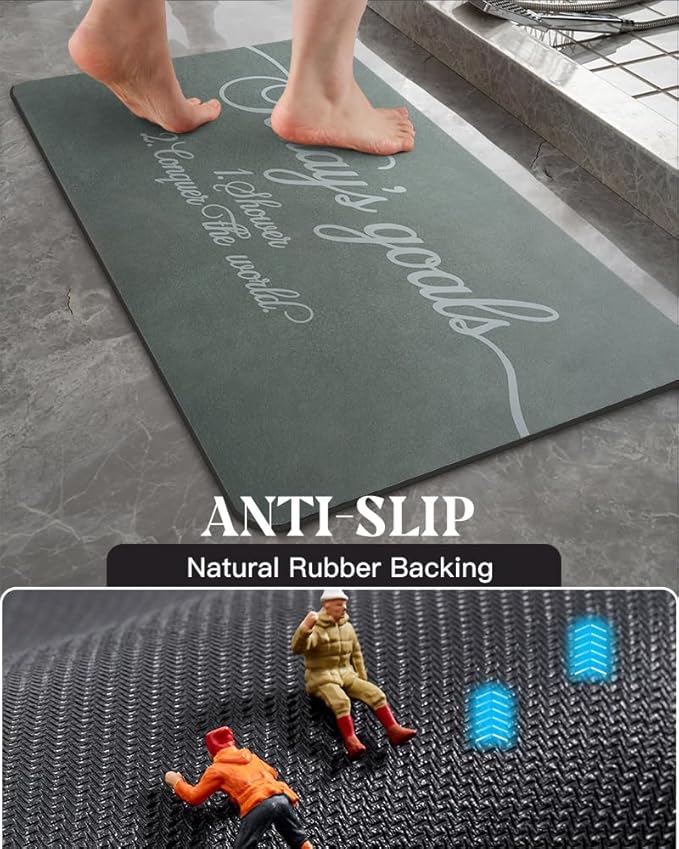 MontVoo -Bath Mat Rug- Non Slip Quick Dry Absorbent Thin Bathroom Rugs Fit Under Door-Faux Suede Surface Bathroom Floor Mats-Shower Rug for in Front of Bathtub Shower 17 X27.5 Green Text Pattern