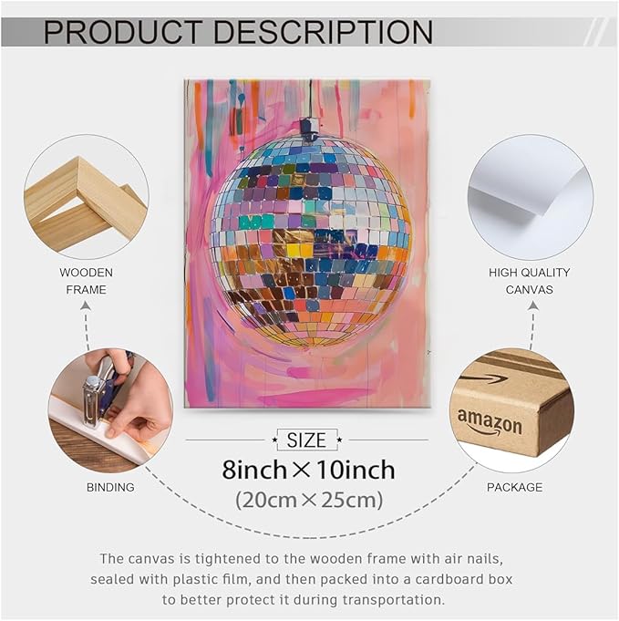 Retro Pink Disco Ball Posters Cool Y2k Aesthetic Canvas Wall Art 08x10 inch Framed Fashion Pink and Orange Disco Ball Painting Prints for Girly Wall Decor