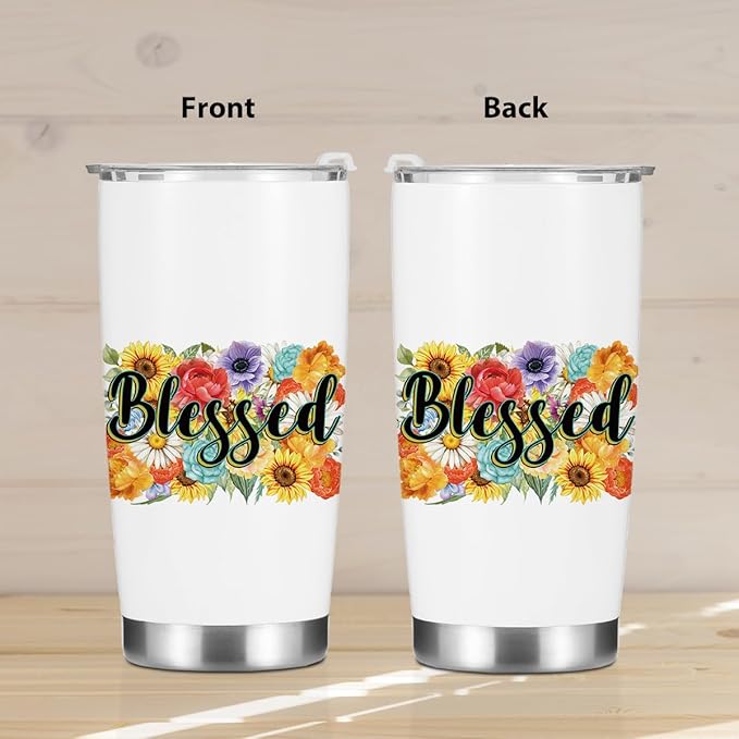 Inspirational Sunflower Tumbler for Women, Friends, Sister - Motivational Blessed Birthday - 20oz Stainless Steel Vacuum Insulated Double Wall Travel Coffee Mug