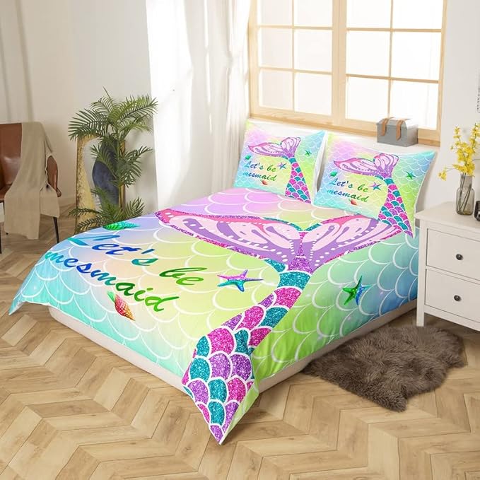 Feelyou Mermaid Duvet Cover Set Pink Teal Purple Scales Comforter Cover for Girls Rainbow Bedding Set 1 Duvet Cover & 2 Pillowcases
