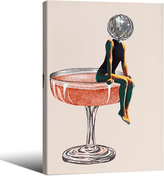 Funky Disco Ball Girly Head Poster 70s Retro Cocktail Canvas Wall Art 24x36 inch Framed Trendy Vintage Beige Prints Painting for Family Bar Wall Decor