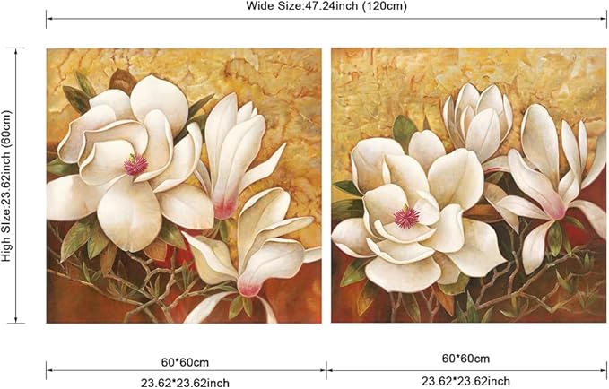 Pyradecor Magnolia Flowers Large Modern 2 Panels Gallery Wrapped Floral Giclee Canvas Prints Oil Paintings Artwork Style Brown Pictures on Canvas Wall art for Living Room Bedroom Home Decorations L