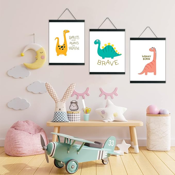 3 Pack Magnetic Poster Hanger black 8 Inch, 8x10 8x12 8x16 Poster Frame Wood Wooden Magnet Print Posters Dowel Scroll Hanger Hangers Hanging Kit for Walls Map Canvas Artwork