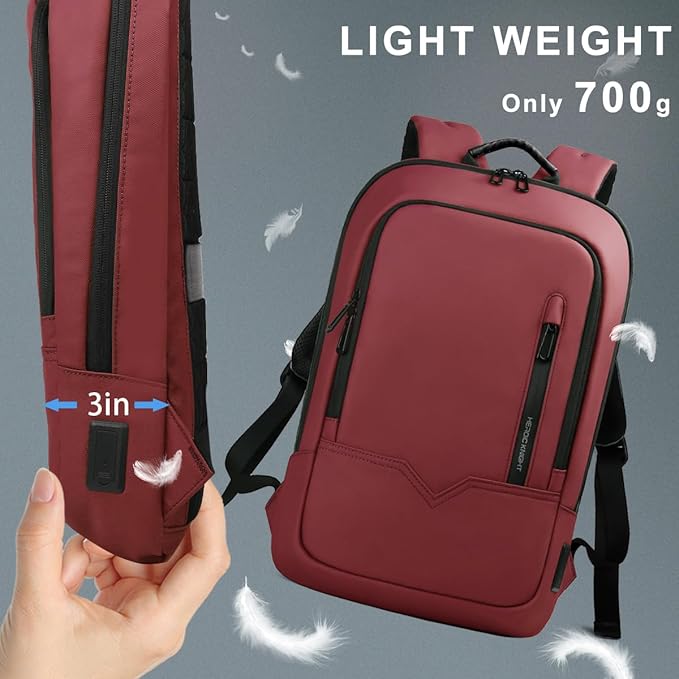 hk Backpack for Men Business Slim Backpack with USB Charger Computer Lightweight Anti-theft Travel (Red, 15.6 Inch)