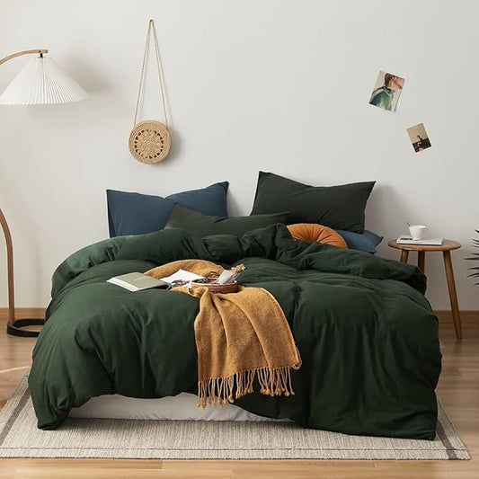 AMWAN Dark Green Duvet Cover 100% Jersey Knit Cotton Duvet Cover Queen Olive Green Comforter Cover Luxury Soft T Shirt Cotton Bedding Set Simple Style Solid Green Bedding Quilt Cover