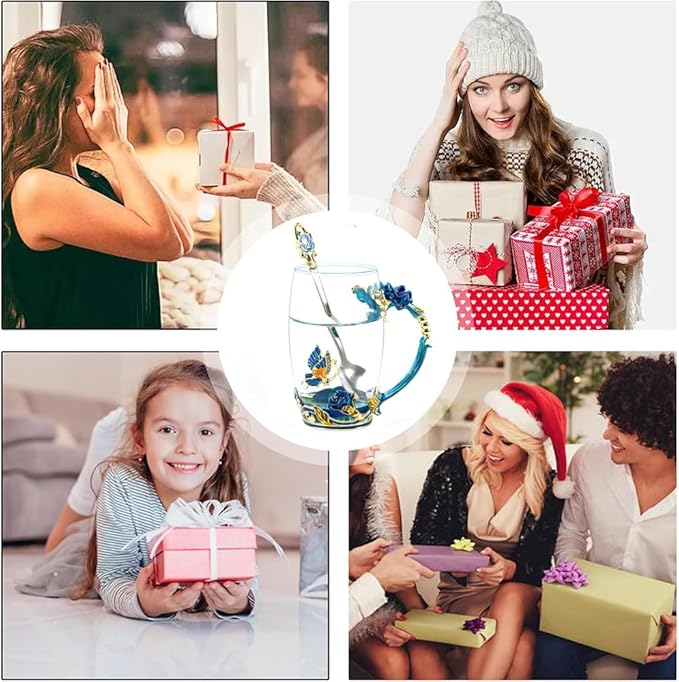 Birthday Gifts For Women,Butterfly Flower Glass Tea Cup Sky Blue Rose Coffee Mug For Women Mom Wife Sister Coworker Female Friend on Anniversary Christmas Mothers day Presents