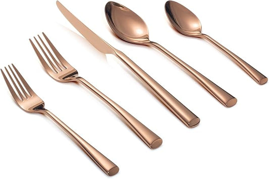 Alata Bailey Rose Gold 20-Piece Forged Stainless Steel Flatware Set Cutlery Set, Service for 4, Silver Finish, Dishwasher Safe
