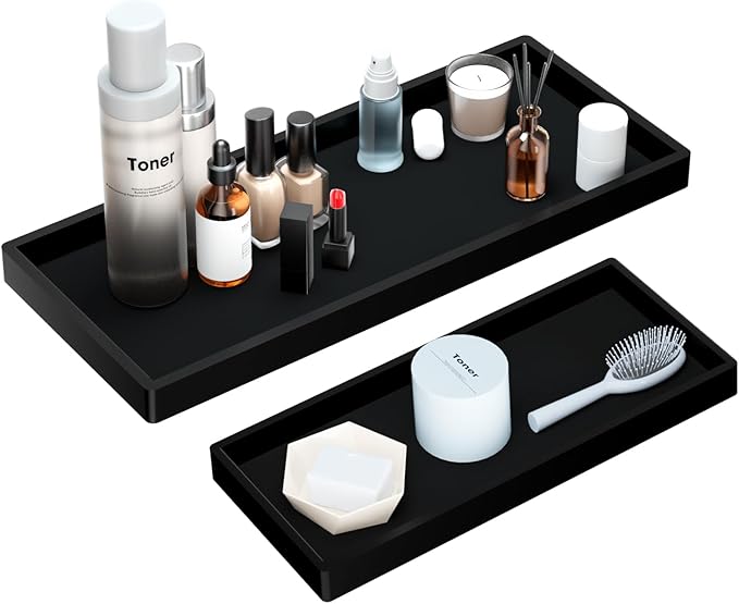 BBK Bathroom Vanity Tray- 2 Pack (7.8" and 11.8") Silicone Bathroom Tray for Counter, Perfume Key Trinket Ring Tray, Decor Soap Dispenser Countertop Tray for Kitchen Sink Organization.(Black)