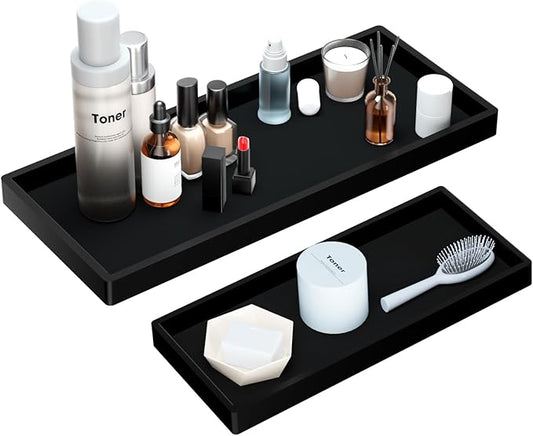 BBK Bathroom Vanity Tray- 2 Pack (7.8" and 11.8") Silicone Bathroom Tray for Counter, Perfume Key Trinket Ring Tray, Decor Soap Dispenser Countertop Tray for Kitchen Sink Organization.(Black)