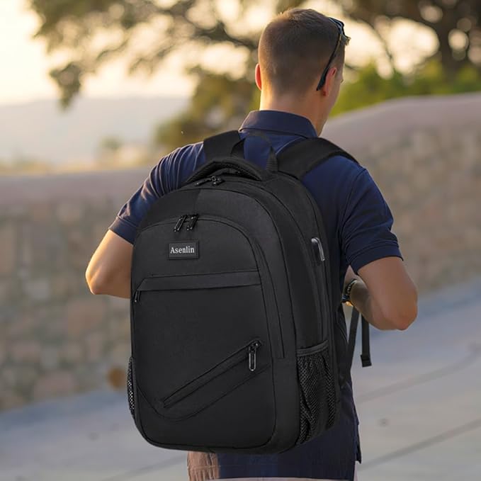 Asenlin Travel Laptop Backpack for Women & Men,Water Resistant Business Slim Sturdy Laptops Backpack with USB Charging Port,Fits 17.3 Inch Notebook College School Computer Bag-Black