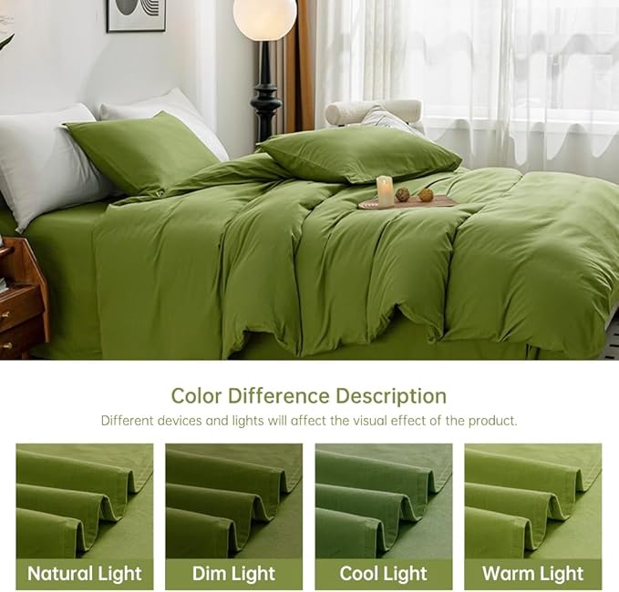 JELLYMONI Bedding Duvet Cover California King - 100% Washed Cotton Linen Like Textured Comforter Cover, 3 Pieces Soft Cooling Bedding Set with Zipper Closure (Avocado Green, Calking 104"x98")