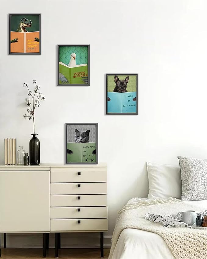 ASTRDECOR Funny Bathroom Decor Wall Art Prints Set - Animals Reading Books Inspirational Canvas Painting, Humor Vintage Bathroom Pictures, Cute Humor Animals Wall Decor Signs【8x10inch, Unframed】