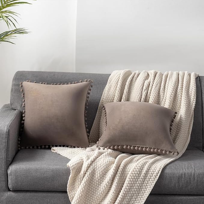 DEZENE Decorative Pillow Covers 18x18 Taupe: 2 Pack Cozy Soft Pom-poms Velvet Square Throw Pillow Cases for Farmhouse Home Decor