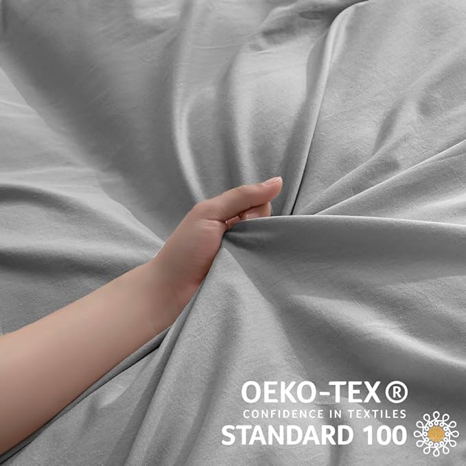 JELLYMONI Cotton Duvet Cover Queen Size - 100% Washed Cotton Linen Like Textured Comforter Cover, 3 Pieces Breathable Soft Bedding Set with Zipper Closure (Light Gray, Queen 90"x90")