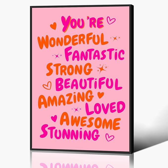 Trendy You Are Amazing You Are Awesome Poster, Funky 70s Pink Orange Aesthetic Canvas Wall Art, Preppy Uplifting Daily Reminder Quotes, Motivational Gifts Picture for Girls 24x36in Framed