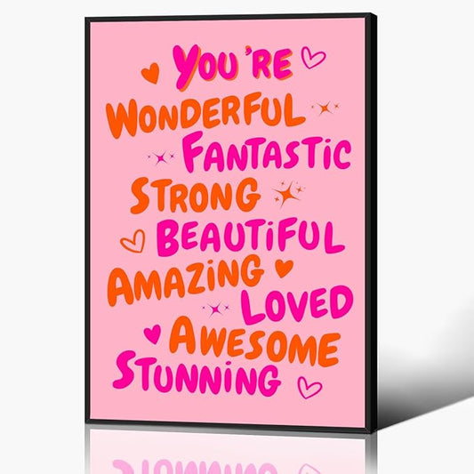 Trendy You Are Amazing You Are Awesome Poster, Funky 70s Pink Orange Aesthetic Canvas Wall Art, Preppy Uplifting Daily Reminder Quotes, Motivational Gifts Picture for Girls 8x12in Framed