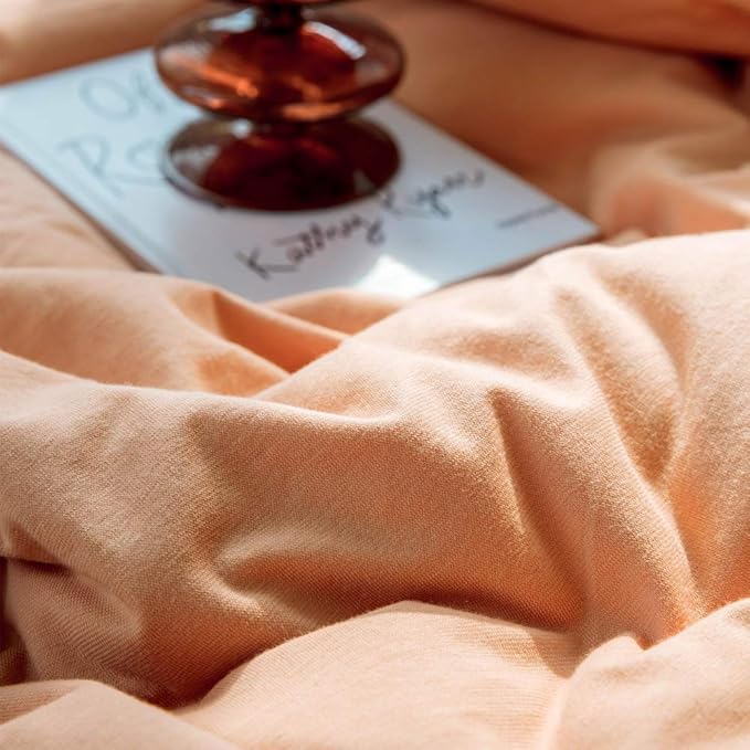 AMWAN Peach Pink Color Queen Orange 100% Knitted Cotton Comforter Cover Solid Color Duvet Cover Hotel Quality Luxury Bedding Set 1 Duvet Cover with 2 Pillowcases
