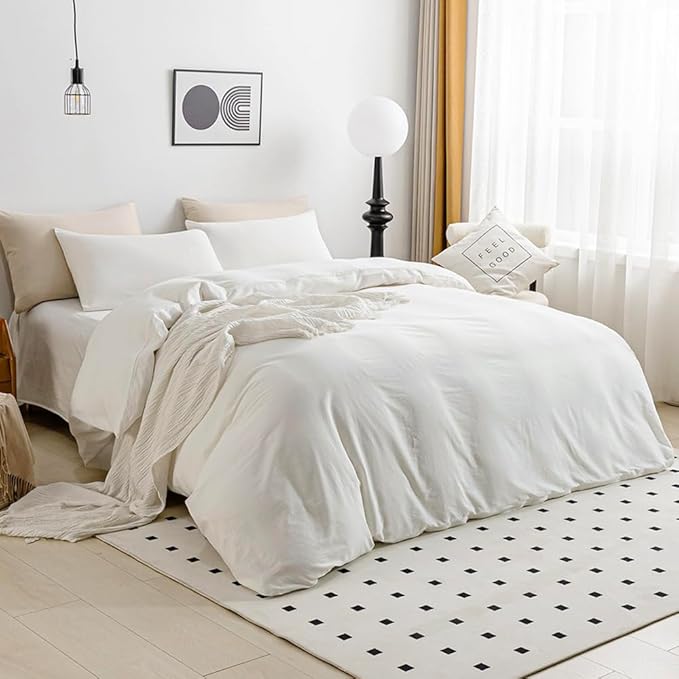 JELLYMONI White Duvet Cover California King - 100% Washed Cotton Linen Feel Textured Lightweight Cooling Comforter Cover, 3 Pieces Soft Bedding Set with Zipper Closure (White, Cal King 104"x98")