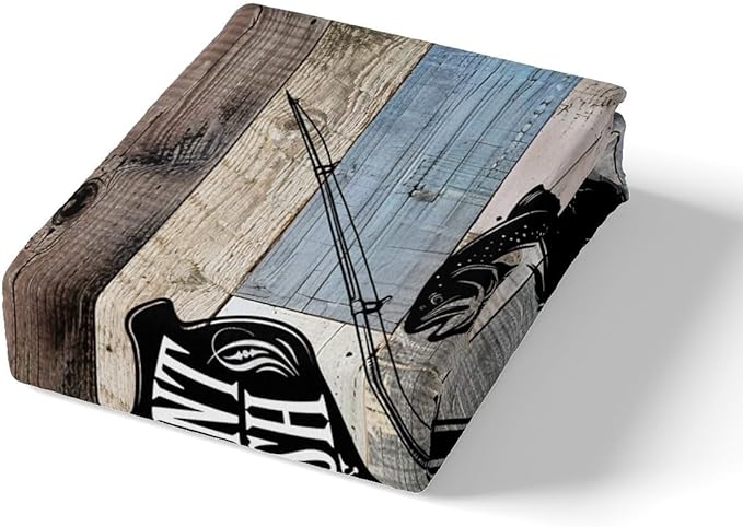 Hunt Fish Bedding Set Queen Size,Deer Bird Fish Animal Hunting Theme Duvet Cover Set for Lodge Decor, Rustic Retro Wooden Board Microfiber Comforter Cover with 2 Pillowcases (No Comforter)