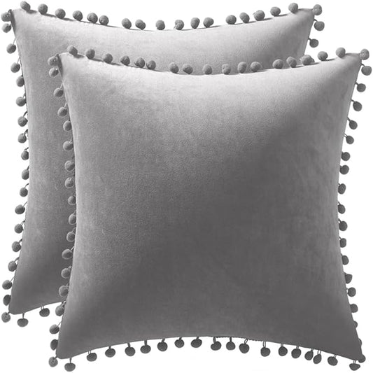 DEZENE Decorative Pillow Cases 18x18 Light-Grey: 2 Pack Cozy Soft Pom-poms Velvet Square Throw Pillow Covers for Farmhouse Home Decor