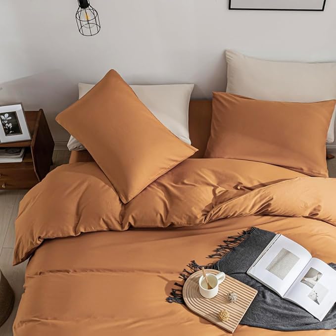 JELLYMONI Burnt Orange Bedding Duvet Cover Set - 100% Washed Cotton Linen Like Textured California King Comforter Cover, 3 Pieces Soft Bedding Set with Zipper Closure