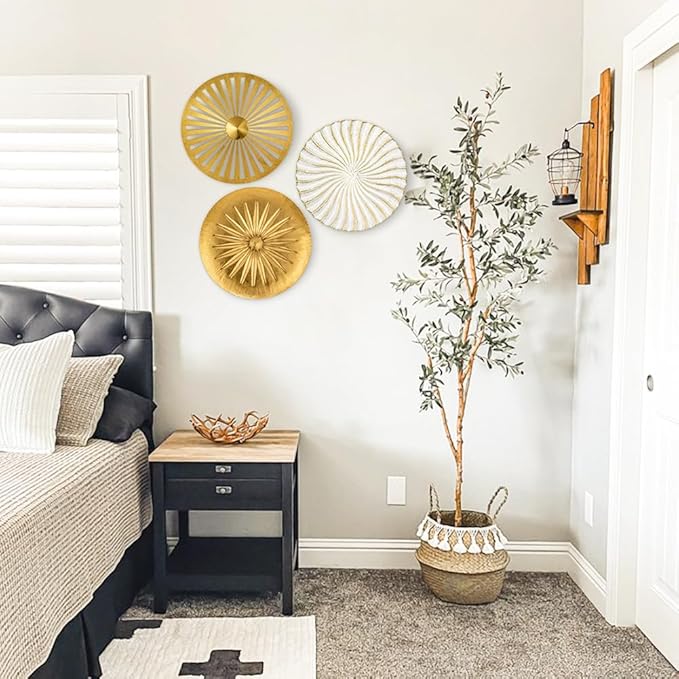 Briful 12" Wall Décor Pack of 3 Metal Gold & White Washed Starbursts Radial Plate Wall Art Modern Accent Hanging Wall Decorations For Home Office Bedroom Or Living Room Wall Sculptures