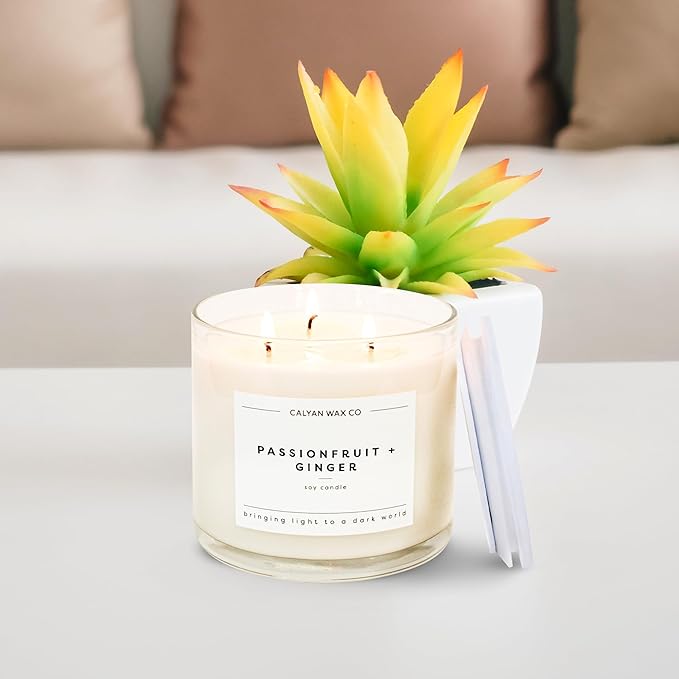 Calyan Wax Co. 3 Wick Candle, Passionfruit + Ginger Scented Candle, 43 Hour Burn Time, 3 Wick Soy Candles, Non Toxic & Vegan Soy Wax, Ceramic Scented Candles, 26oz