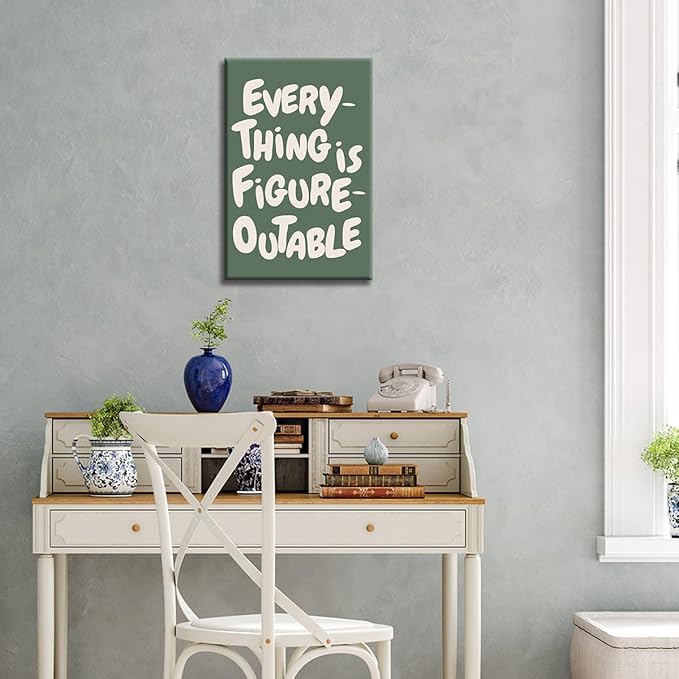 Trendy Sage Green Everything Is Figureoutable Wall Art, Office Motivational Quote Poster Wall Decor, Inspirational Positive Affirmations Wall Decor for Classroom Kids Room 16x24in Wrapped Canvas