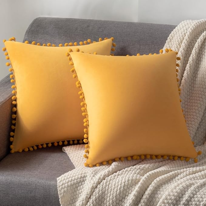 DEZENE Couch Pillow Covers 20x20 Golden Yellow: 2 Pack Cozy Soft Pom-poms Velvet Square Throw Pillow Cases for Farmhouse Home Decor