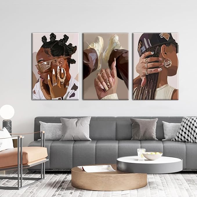 Marllifenney 3Pcs Black Girl Wall Art Framed Trendy Black Woman Decor Posters Abstract African American Canvas Prints Modern Black Women Painting Female Pictures for Bedroom Living Room Dorm 16x24in