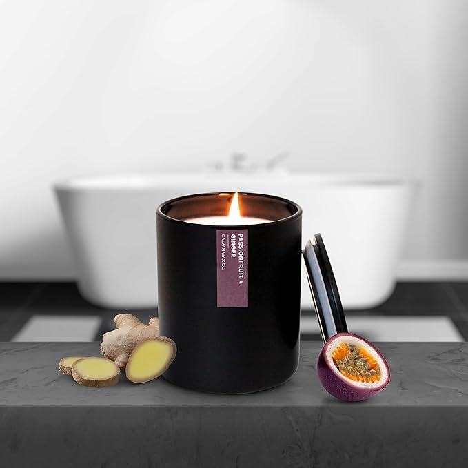 Calyan Wax Co. Soy Wax Candle, Passionfruit + Ginger Scented Candle, 75 Hour Burn Time, Aromatherapy Soy Candles, Non Toxic & Vegan Soy Wax, Black Tumbler Scented Candles, 13oz