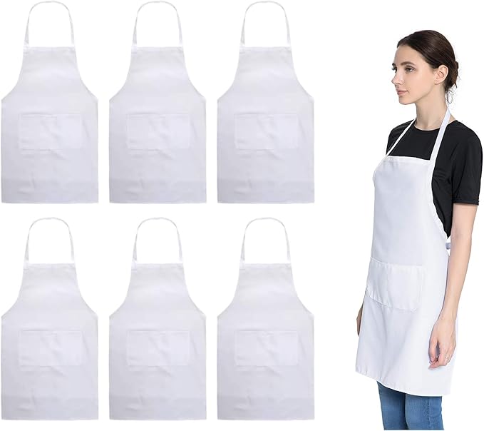 Total 6PCS White Apron for Women Adult Unisex Plain Color Bib aprons with 2 Front Pockets Washable Chef Aprons for Cooking Baking Kitchen Restaurant Crafting