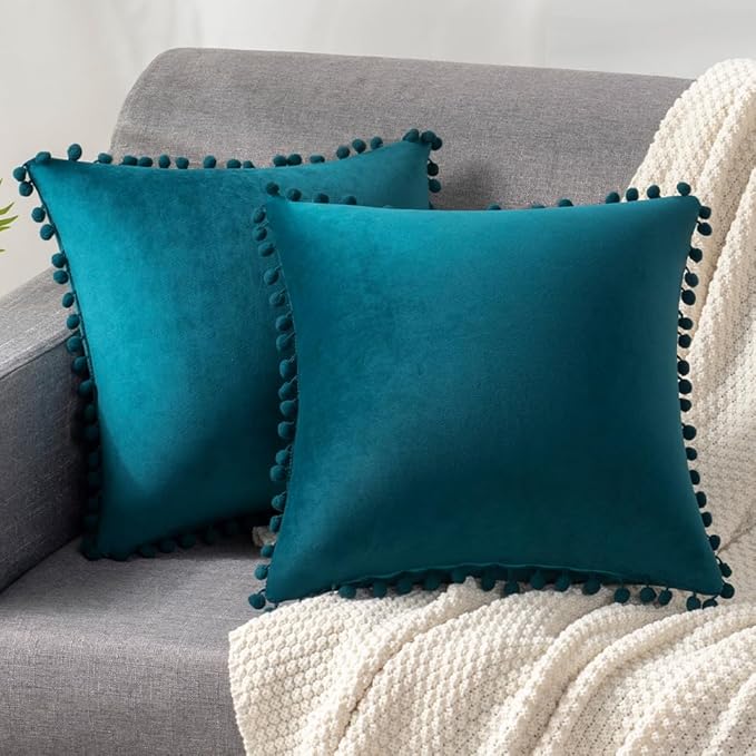 DEZENE Throw Pillow Cases 22x22 Teal: 2 Pack Cozy Soft Pom-poms Velvet Square Decorative Pillow Covers for Farmhouse Home Decor