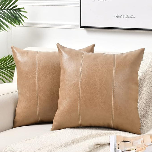 Fancy Homi 22x22 Pillow Covers, 2 Packs Tan Decorative Throw Pillow Covers 22x22 Inch for Couch Bed Bedroom Living Room, Taupe Faux Leather Hand Stitched Beige Square Cushion Case 55x55 cm