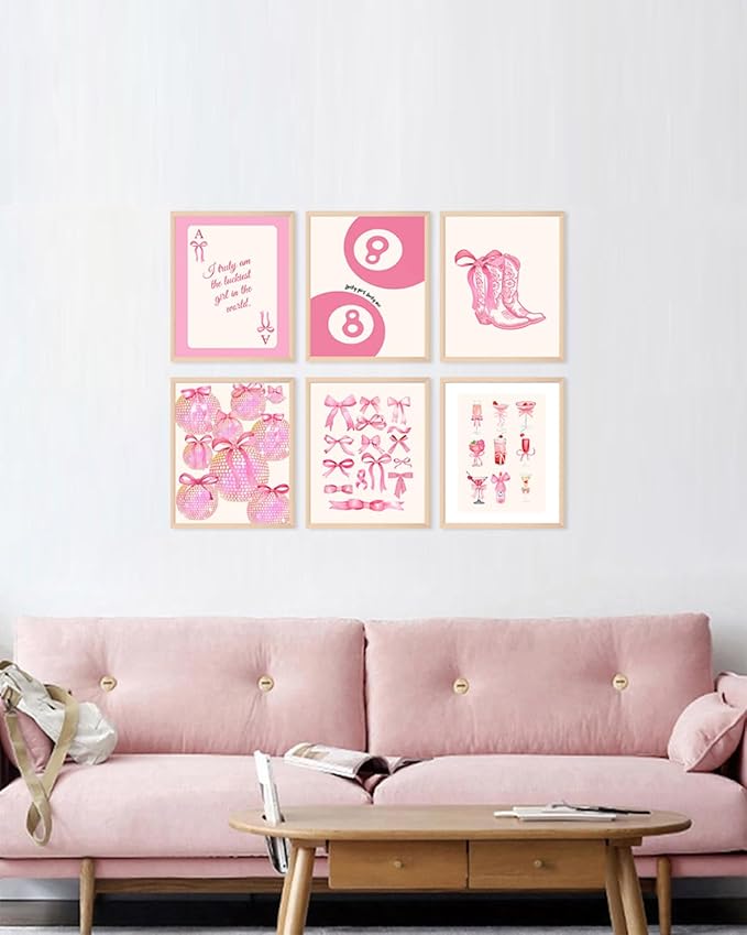ASTRDECOR Pink Coquette Trendy Preppy Wall Art Prints Set of 6, Preppy Room Decor, Pink Bow Lucky 8 Ball Disco Wall Decor Posters, Coquette Room Decor Aesthetic for Girls Bedroom Dorm, 8x10 Unframed