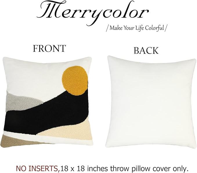 Merrycolor Tufted Boho Decorative Throw Pillow Covers Mid Century Modern Pillows Sun Pillowcases Couch Pillow Covers for Bed Sofa Living Room 18 X 18 Inch Mustard Yellow and Black