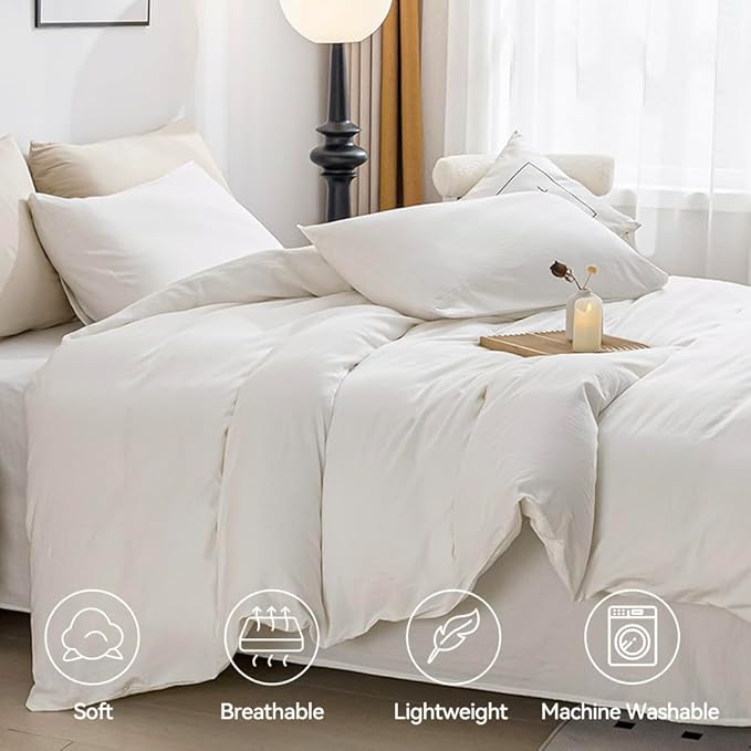 JELLYMONI White Duvet Cover Oversized Queen Size - 100% Washed Cotton Lightweight Cooling Comforter Cover, 3 Pieces Soft Bedding Set with Zipper Closure (Cream White, 98"x98")