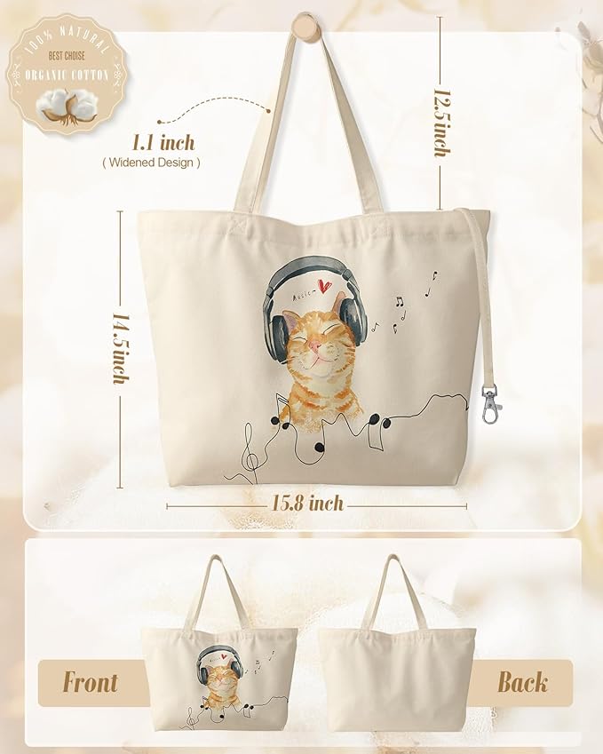 Large Tote Bag for Women - Aesthetic Cute Big Canvas Bags with Zipper Cotton Shoulder Bag for Gym, Travel, Work