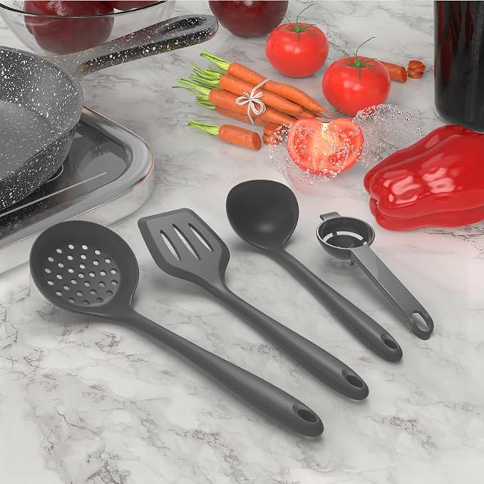 Silicone Cooking Utensils Set - 446°F Heat Resistant Kitchen Utensils,Spatula Sets,Turner Tongs,Spoon,Kitchen Utensil Gadgets Tools Set for Nonstick Cookware,Dishwasher Safe BPA Free (Gray)