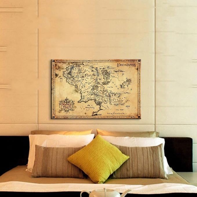 Middle Earth Map Wall Art Canvas Print - Fantasy Map of Middle Earth - 28''H x 40''W with Inner Wooden Frame - Lightweight & Easy to Hang - Perfect for Bedroom, Game Room Decor