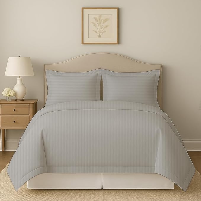 eBeddy Linens Silver Grey Striped Duvet Cover Set Oversized Queen 98x98 800 TC Certified Egyptian Cotton Luxury Soft & Breathable Comforter Cover and 2 Pillow Sham with Zipper Closer & Corner Ties