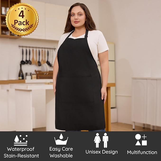 4 Pack Plus Size Chef Aprons, Large Kitchen Apron with 2 Pockets, Adjustable Waterproof Black Apron for Big Men and Women for Cooking, Baking, Cleaning, Gardening, BBQ