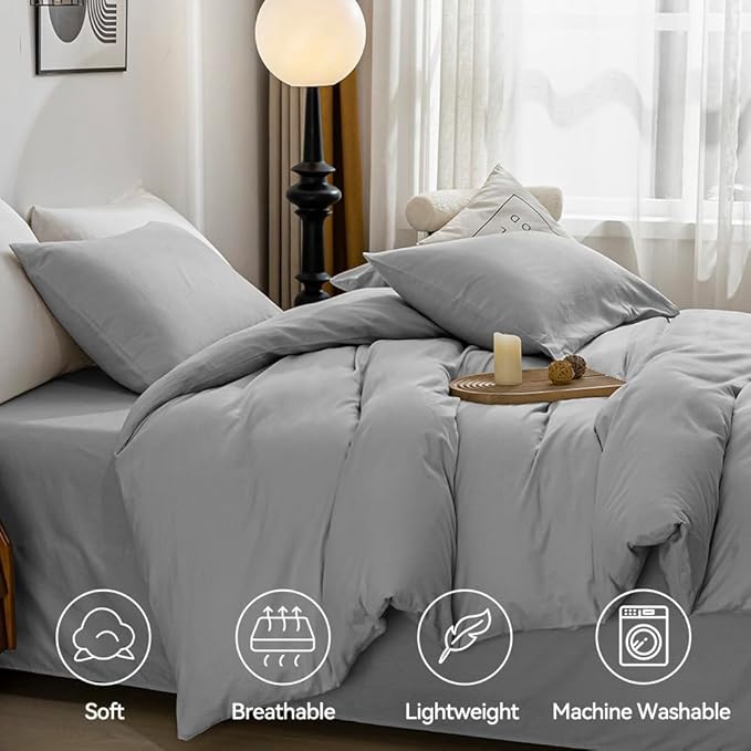 JELLYMONI Cotton Duvet Cover Queen Size - 100% Washed Cotton Linen Like Textured Comforter Cover, 3 Pieces Breathable Soft Bedding Set with Zipper Closure (Light Gray, Queen 90"x90")